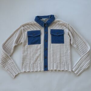 NWT Sundance Womens Knit Crochet Cable Sweater Jacket With Denim Accents Small